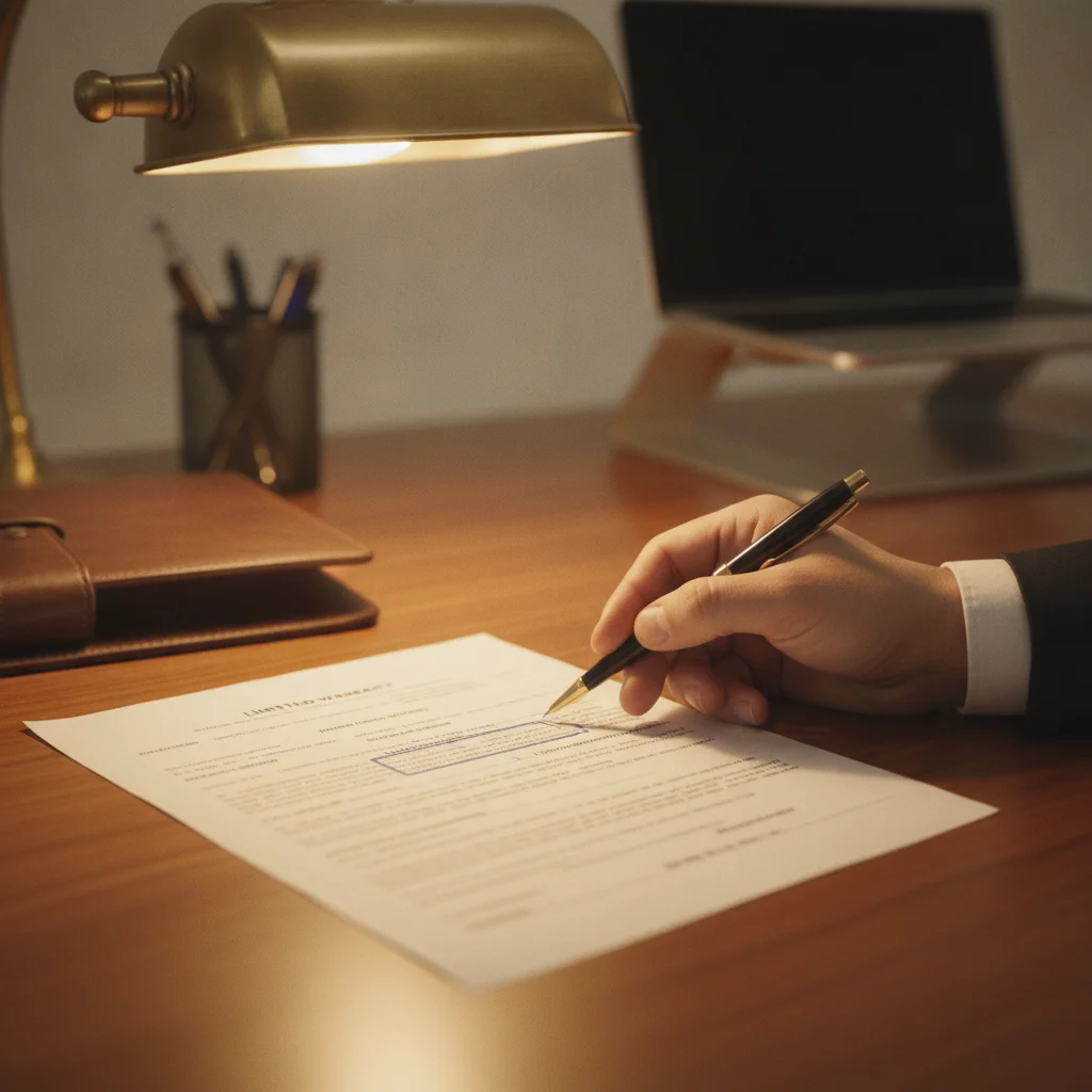 Close-up of a vehicle purchase contract with warranty section highlighted and pen in hand