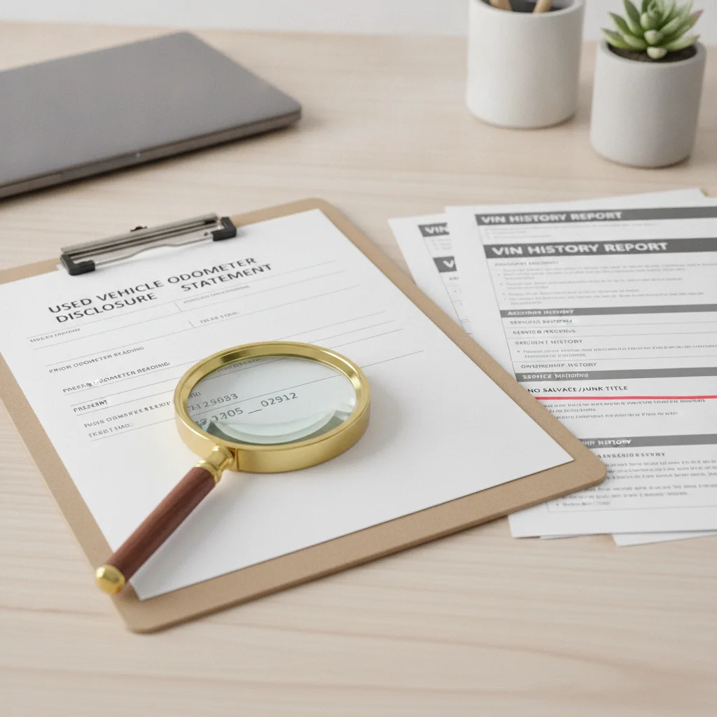Magnifying glass on an odometer disclosure form next to a vehicle history report on a clipboard