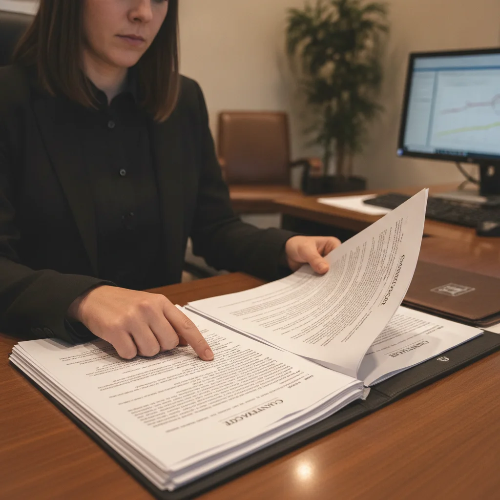 Person carefully reviewing vehicle purchase contracts at a dealership finance office desk
