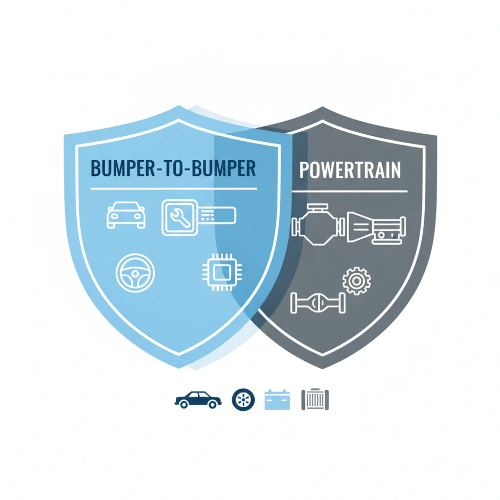 Diagram comparing bumper-to-bumper and powertrain warranty coverage areas on a vehicle