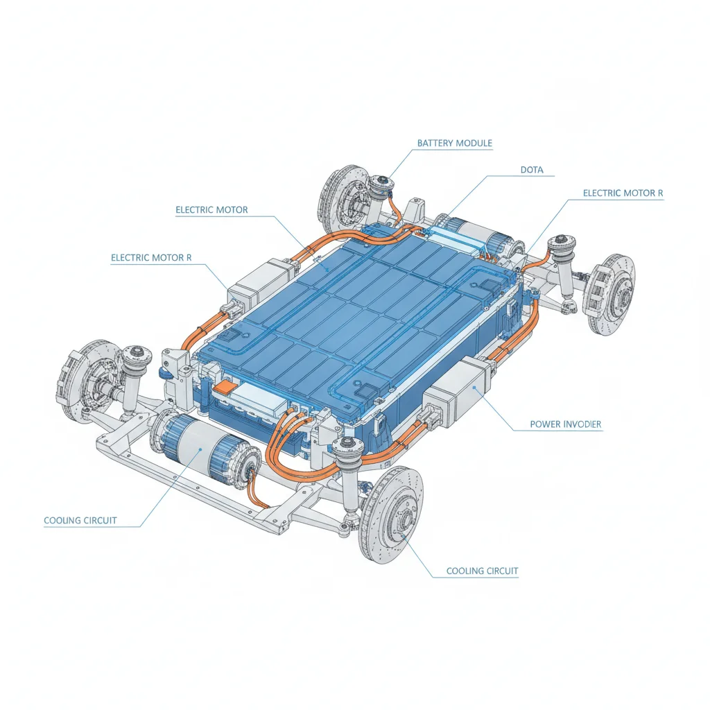 Cutaway view of an electric vehicle showing the battery pack location and major drivetrain components