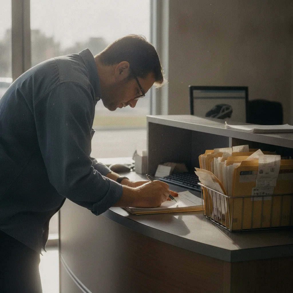Person reviewing car service records and warranty documents at a dealership service desk