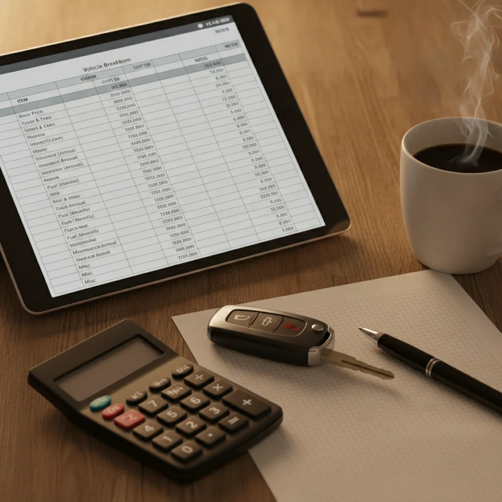 A cost-of-ownership spreadsheet on a desk next to a car key and calculator