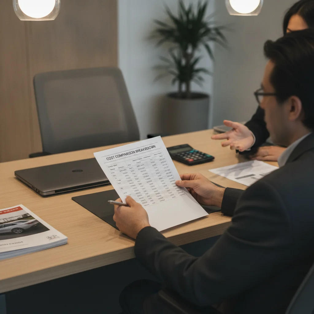 A person reviewing printed vehicle cost comparison documents at a dealership finance desk