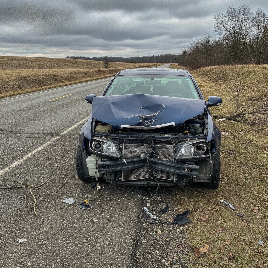 A car with front-end collision damage showing a crumpled hood and broken headlight on a roadside