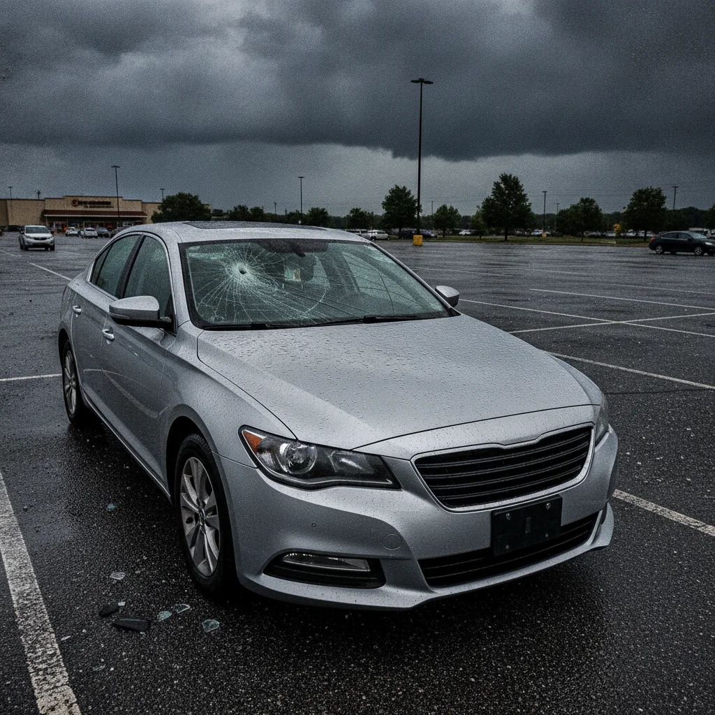 A car with hail damage showing dented roof and cracked windshield in a parking lot under a stormy sky
