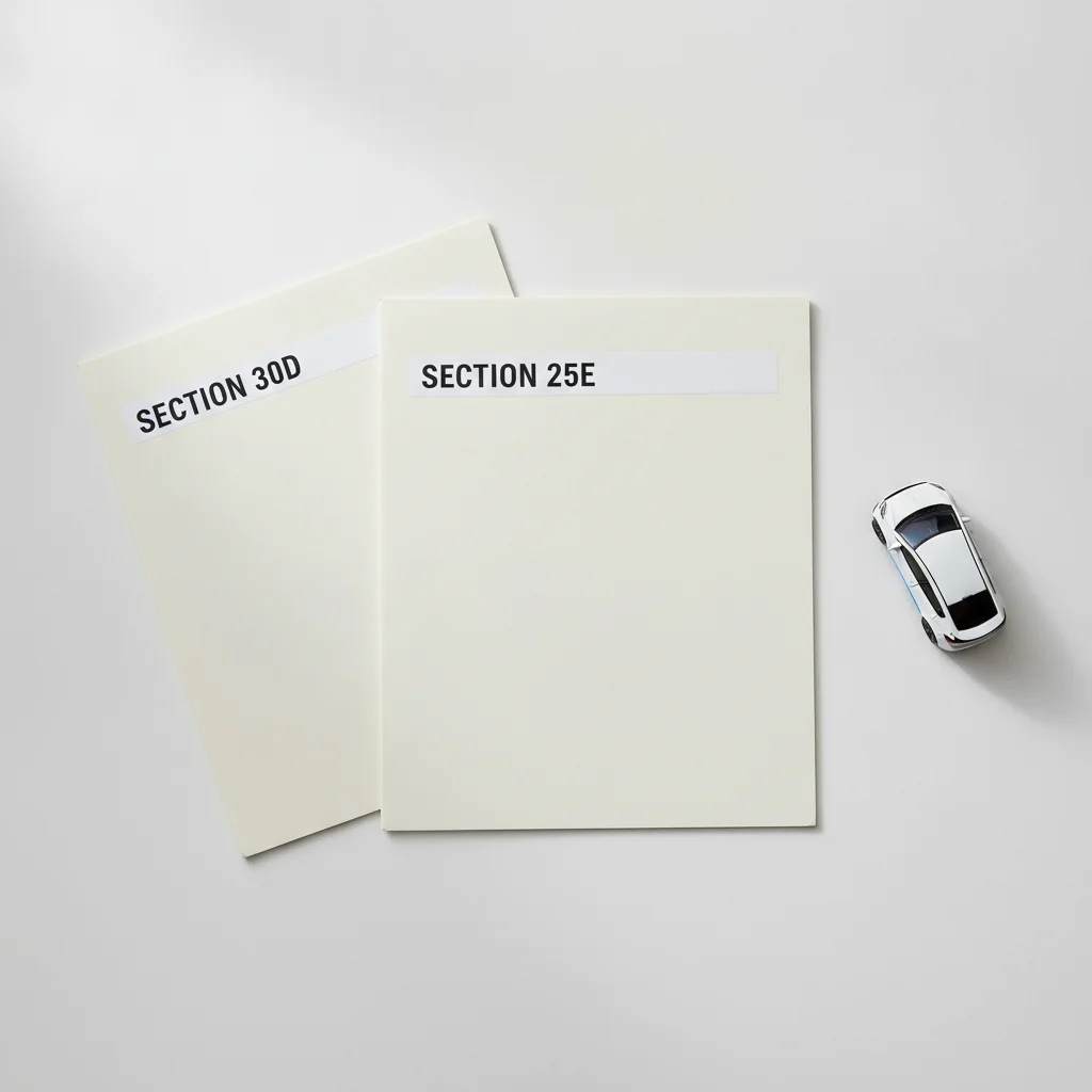 Two IRS tax credit folders labeled Section 30D and Section 25E beside a miniature EV model