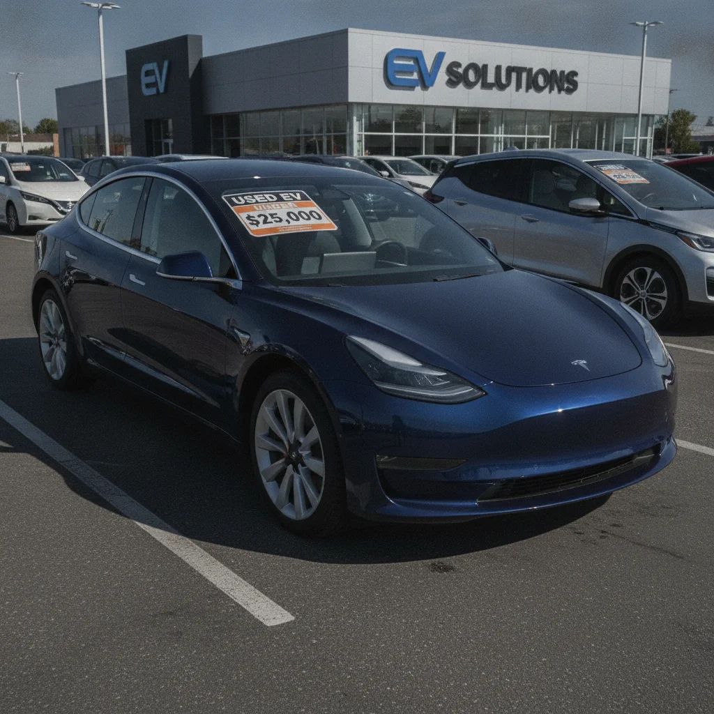 Used electric vehicle on a pre-owned car lot with a price tag under twenty-five thousand dollars