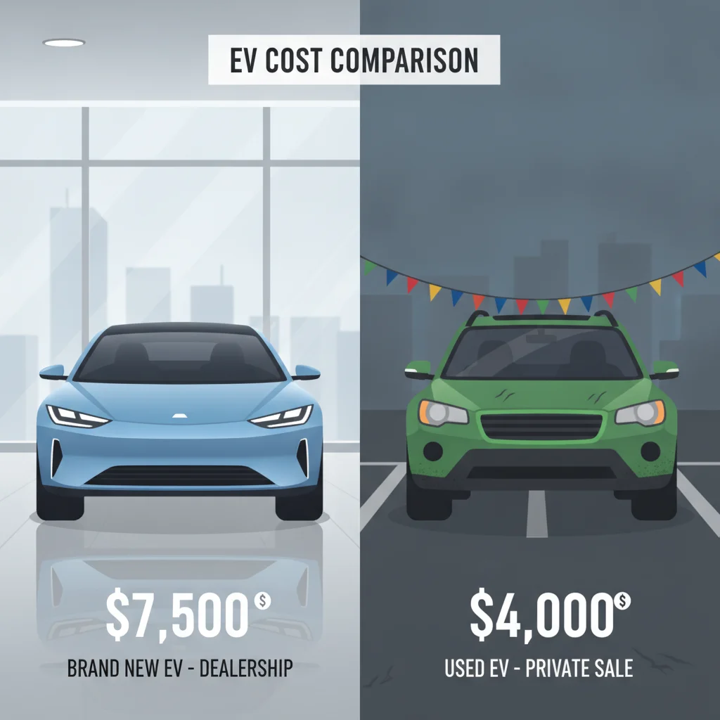Side-by-side new and used electric vehicles with overlaid dollar amounts showing seven thousand five hundred and four thousand dollar credits