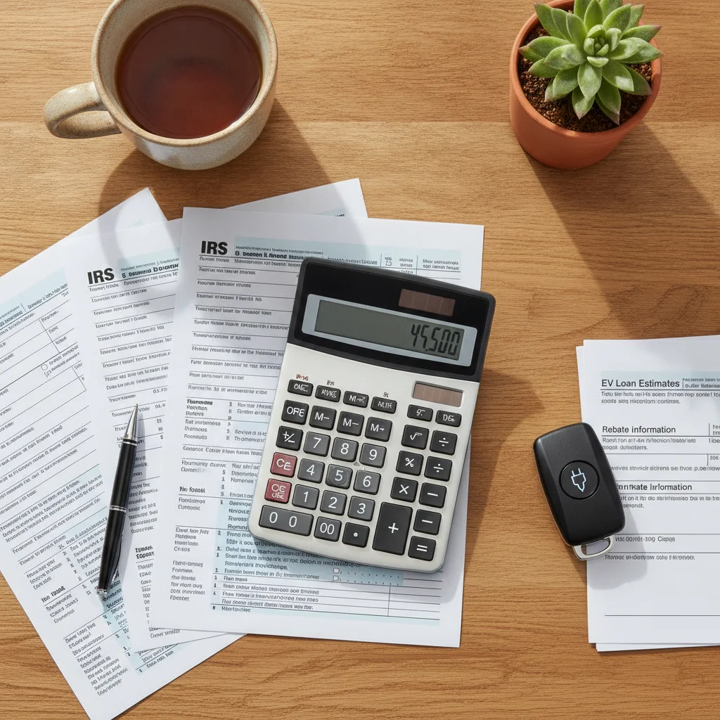 Calculator, tax documents, and a car key fob arranged on a desk suggesting EV purchase financial planning