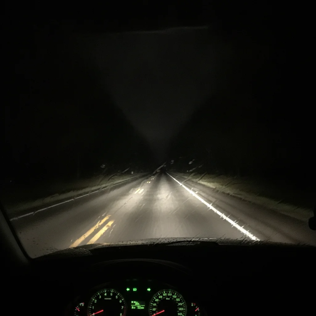 Driver's perspective through windshield on dark highway, headlights reaching only a short distance ahead