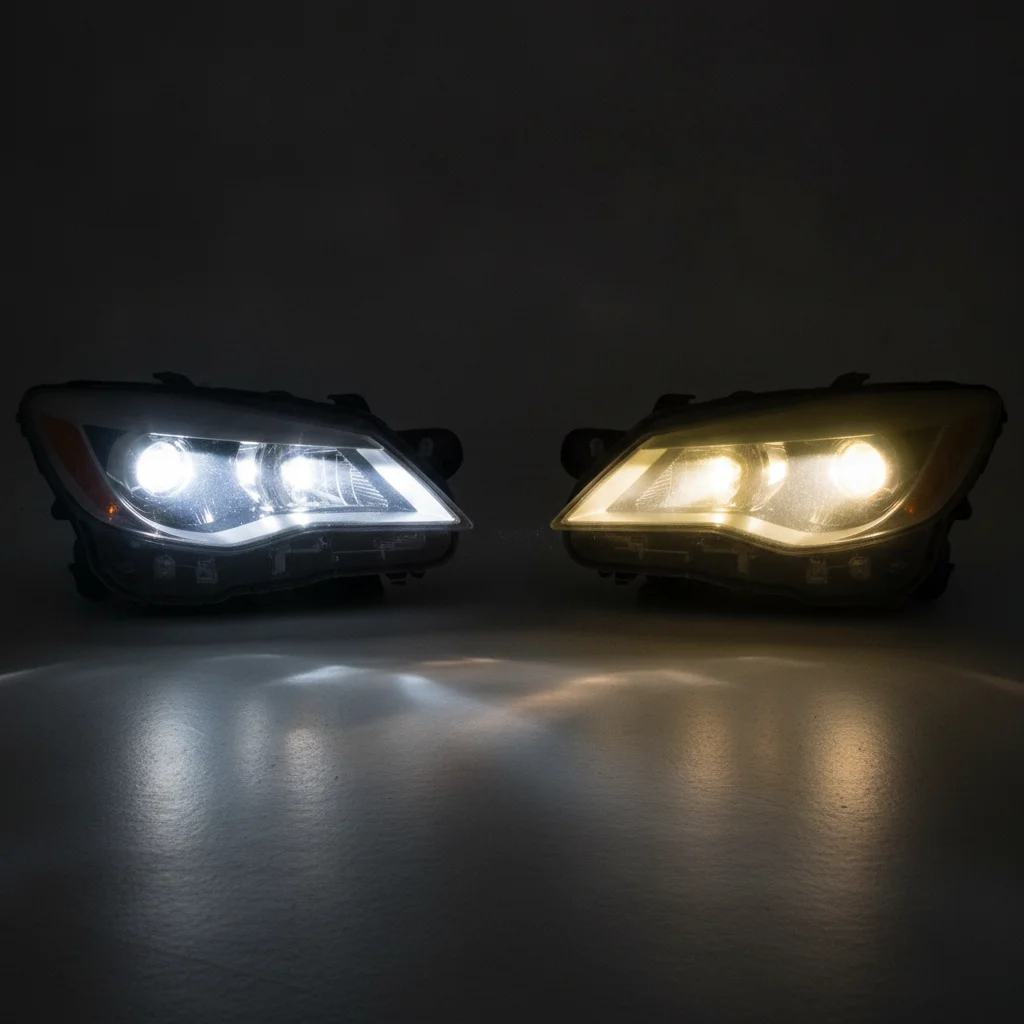 Side-by-side comparison of clear headlight lens versus severely yellowed oxidized headlight lens showing reduced output