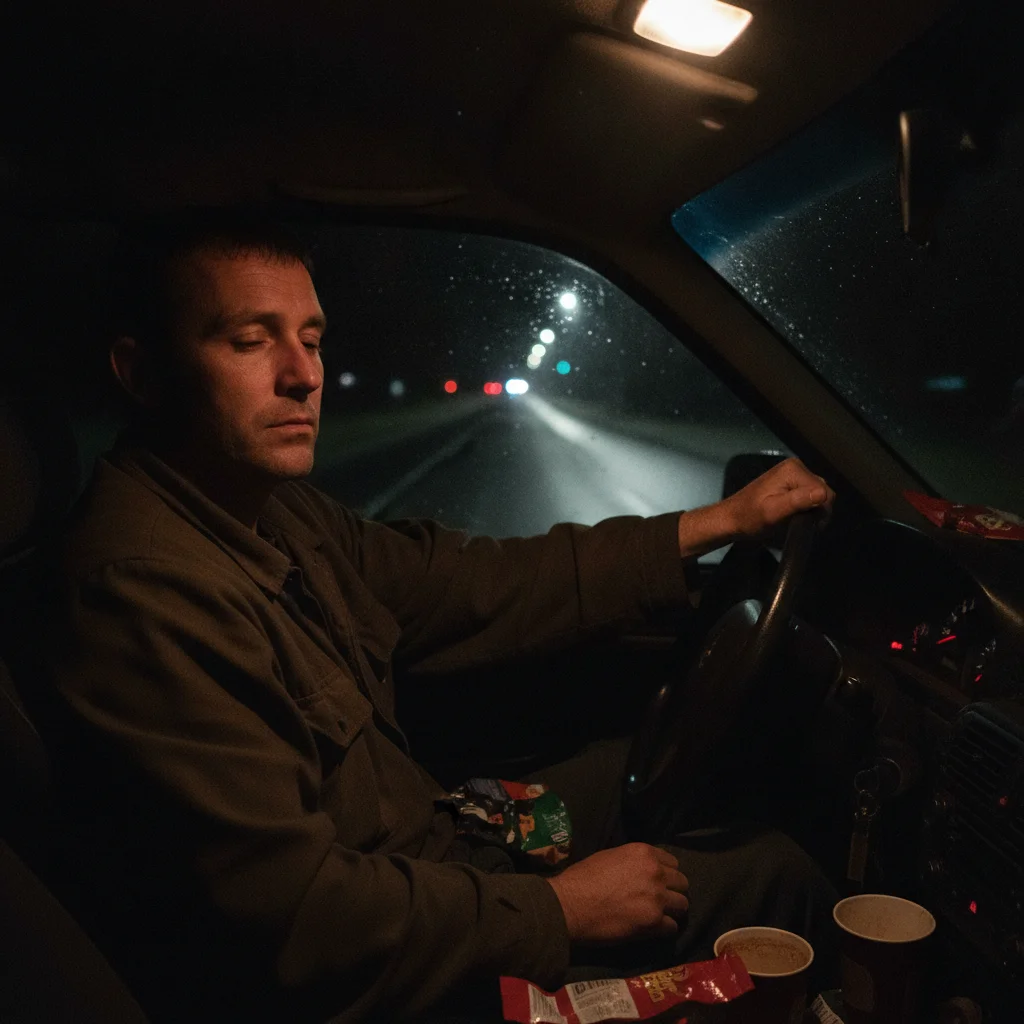 Fatigued driver with heavy eyes behind the wheel of a car at night on a dark road