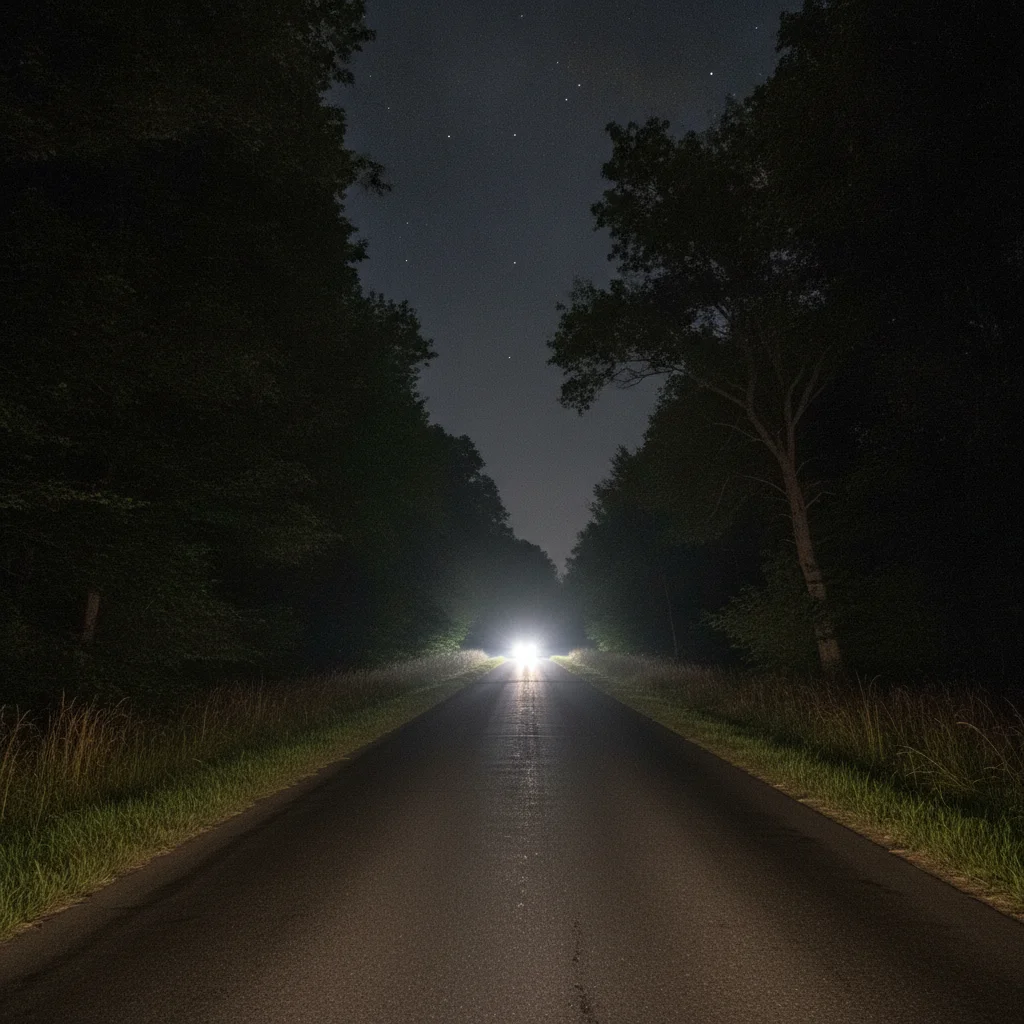 Empty dark rural two-lane road at night with forest on both sides and distant headlights