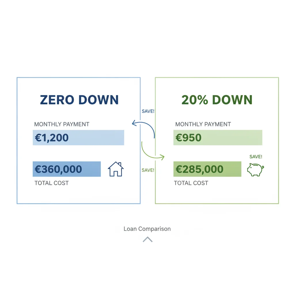 Side-by-side loan calculator illustration comparing zero-down and 20%-down monthly payment amounts