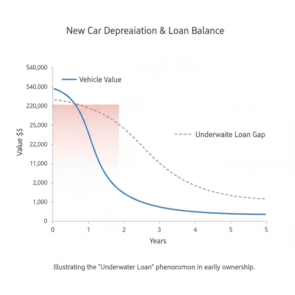 Chart showing new-car depreciation curve versus loan balance, highlighting negative equity zone in year one