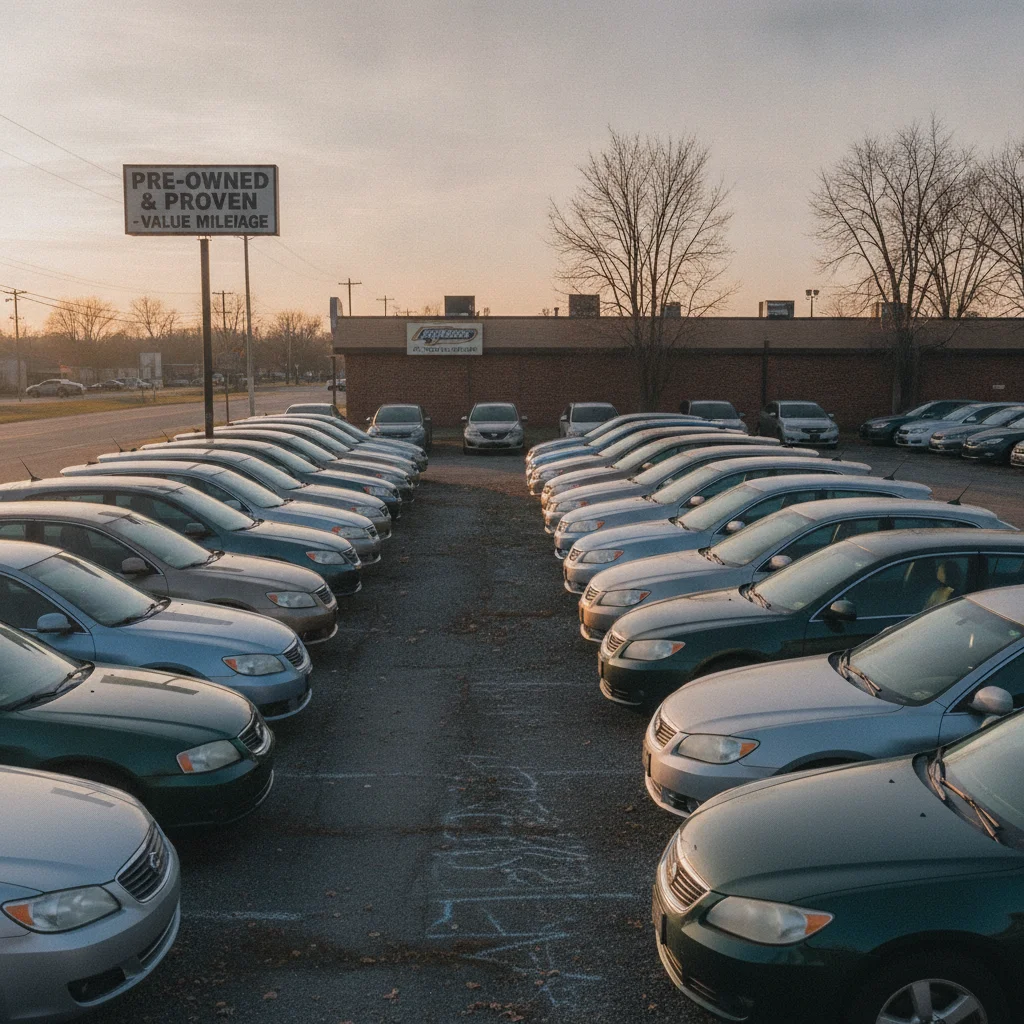Rows of used cars parked in a dealer lot under afternoon light, representing lower-depreciation used car options