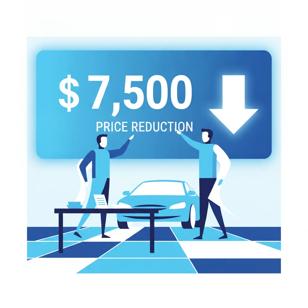 Conceptual illustration of a point-of-sale EV credit transfer showing a price discount at a dealership.