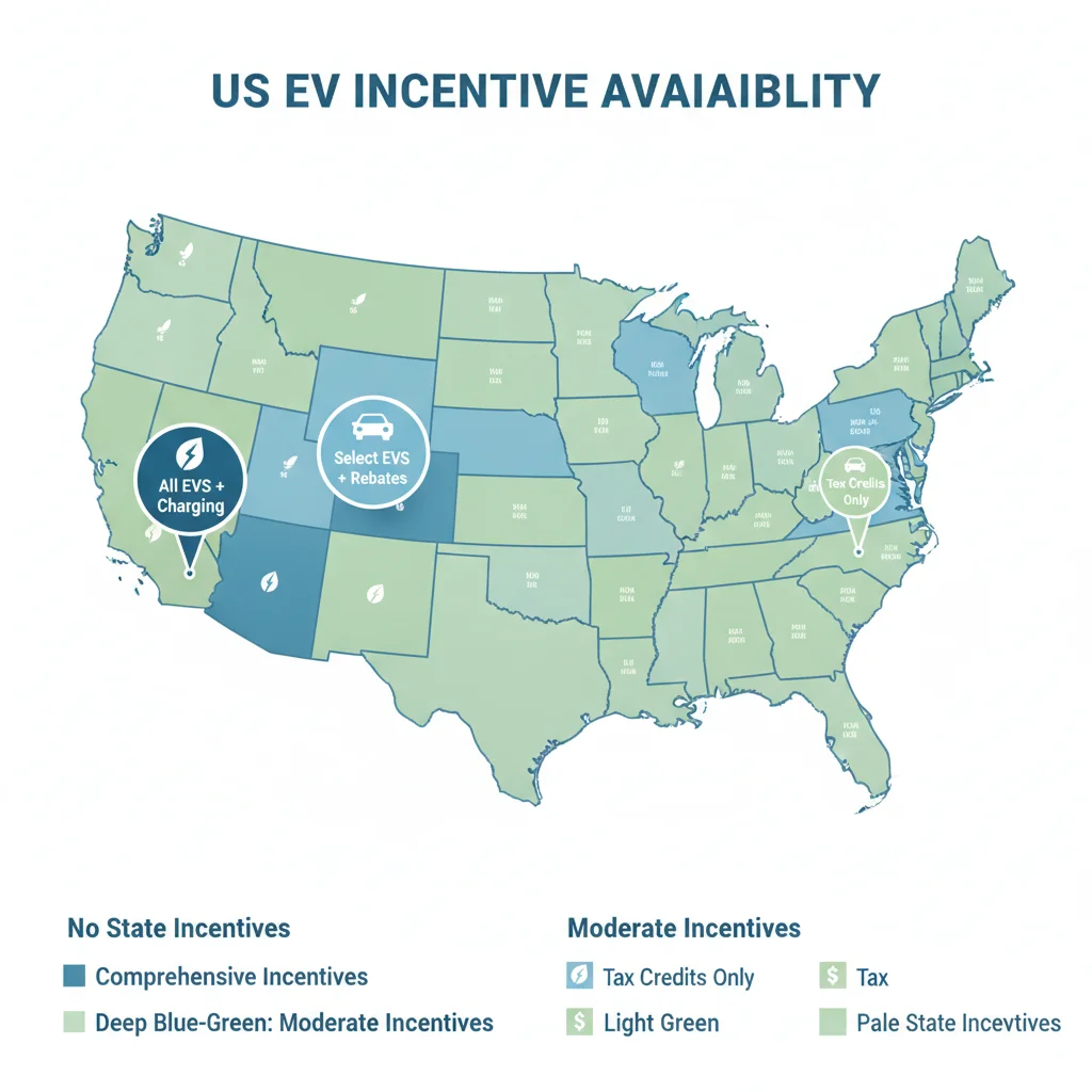 US map highlighting states with available EV rebate and refundable credit programs.