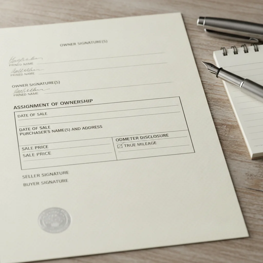 The back of a vehicle title document showing seller and buyer signature lines for title assignment