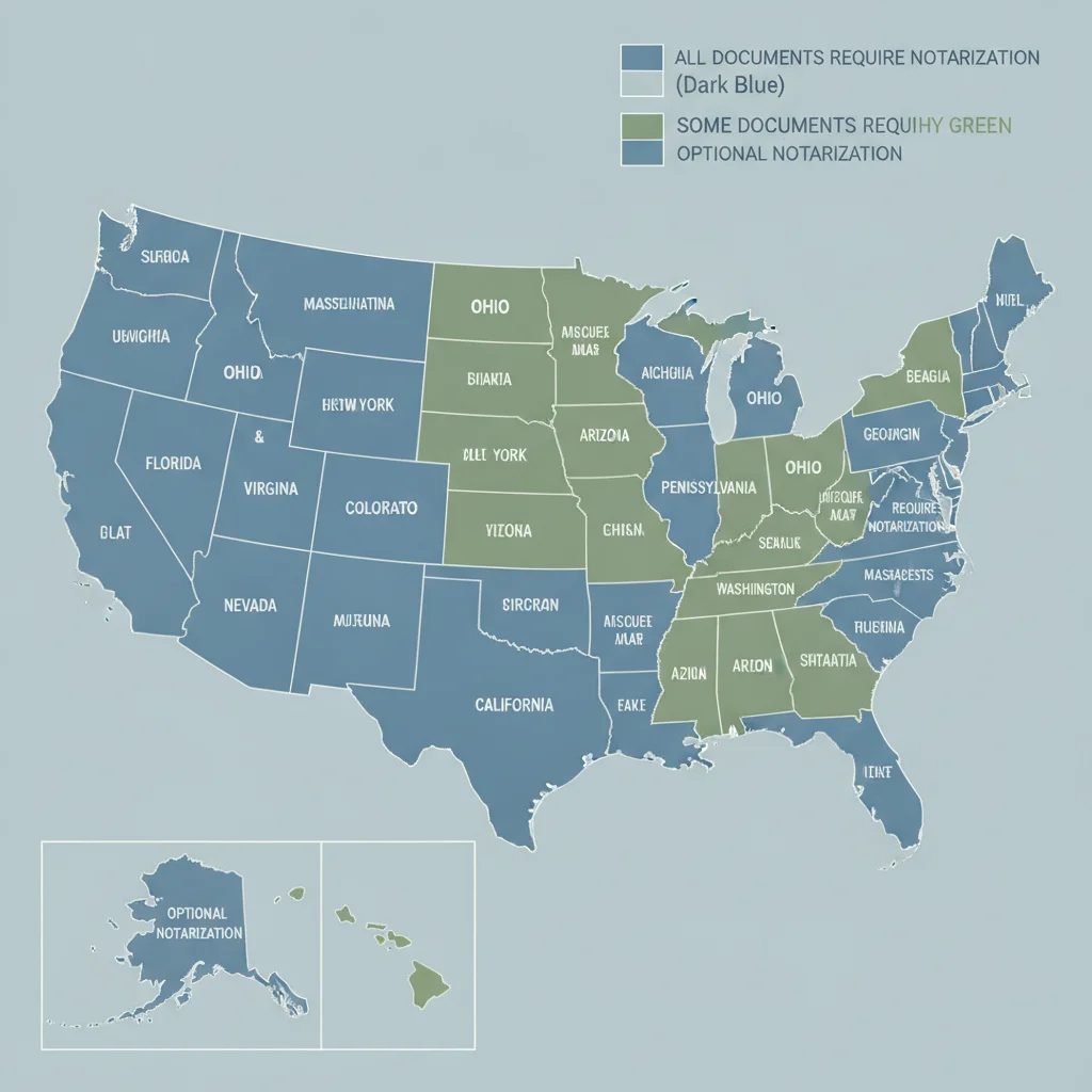A U.S. map showing states that require vehicle title notarization highlighted in a different color