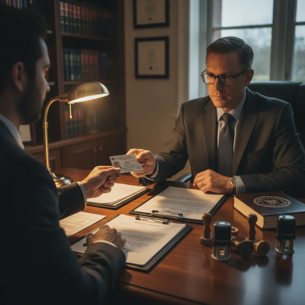 A person showing their photo ID to a notary public before signing a vehicle title document