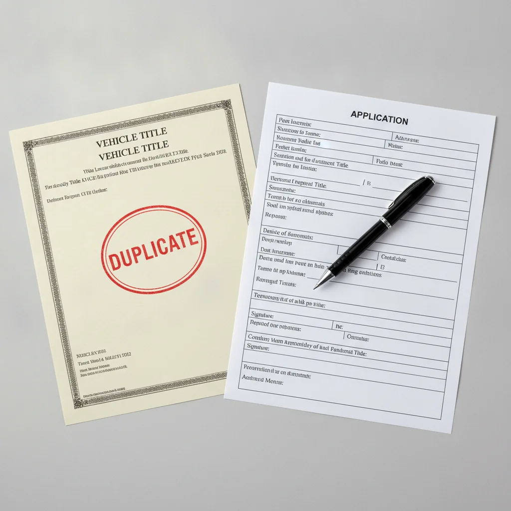 A duplicate vehicle title stamp on a replacement title document alongside an application form