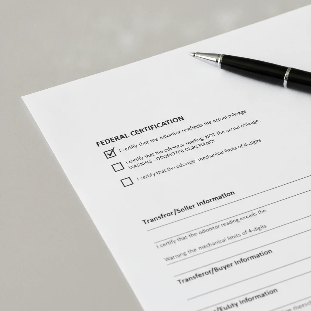 Federal odometer disclosure form with three certification checkboxes and a signing pen