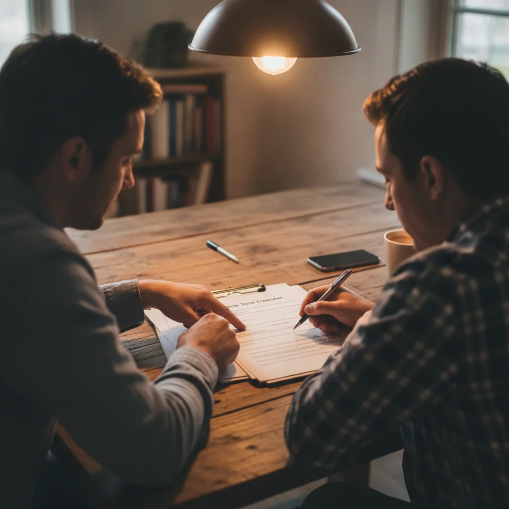 Two people completing vehicle title paperwork at a table, one pointing to mileage disclosure field