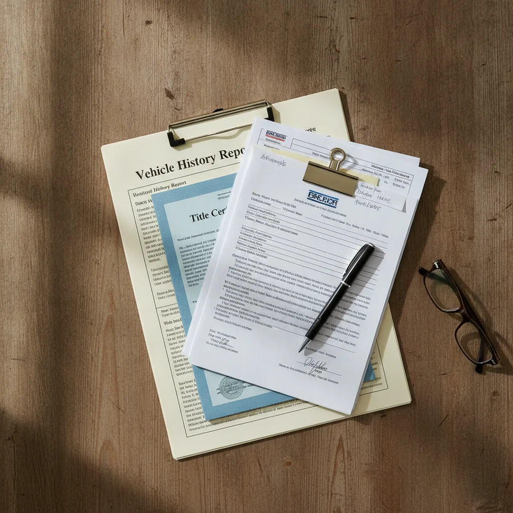Stack of vehicle documents including service records, title, and vehicle history report on a desk