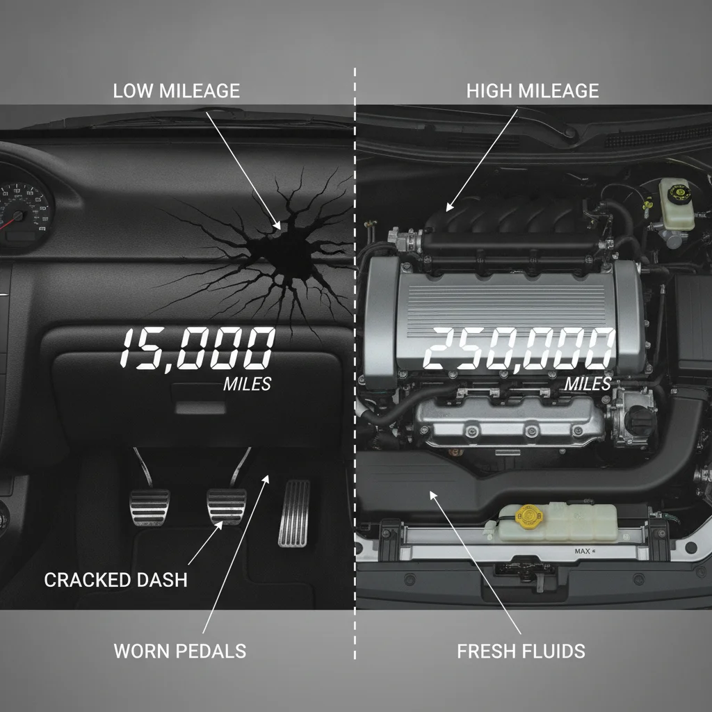 Two cars contrasting low mileage with high wear versus high mileage with good maintenance condition
