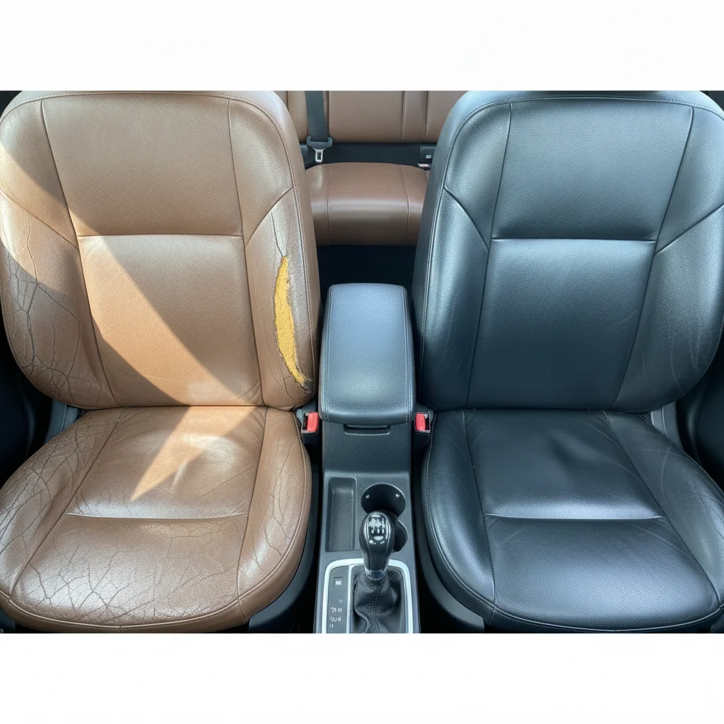 Worn driver's seat with cracked bolster contrasting with pristine passenger seat in the same car