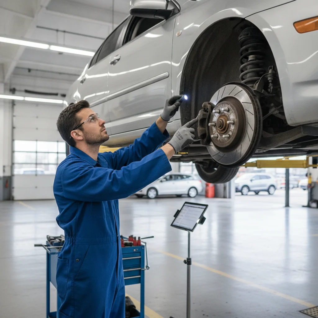 Mechanic performing a pre-purchase inspection on a used car raised on a lift in a garage