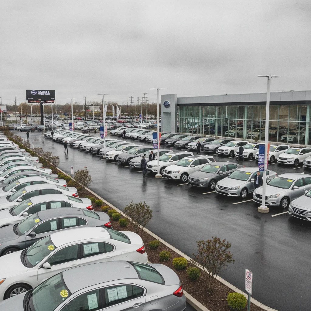 Rows of used vehicles on a dealership lot, some with certified pre-owned window stickers