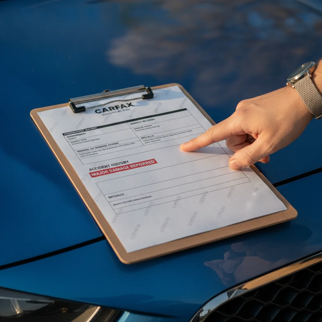 A vehicle history report on a clipboard resting on the hood of a used car during inspection