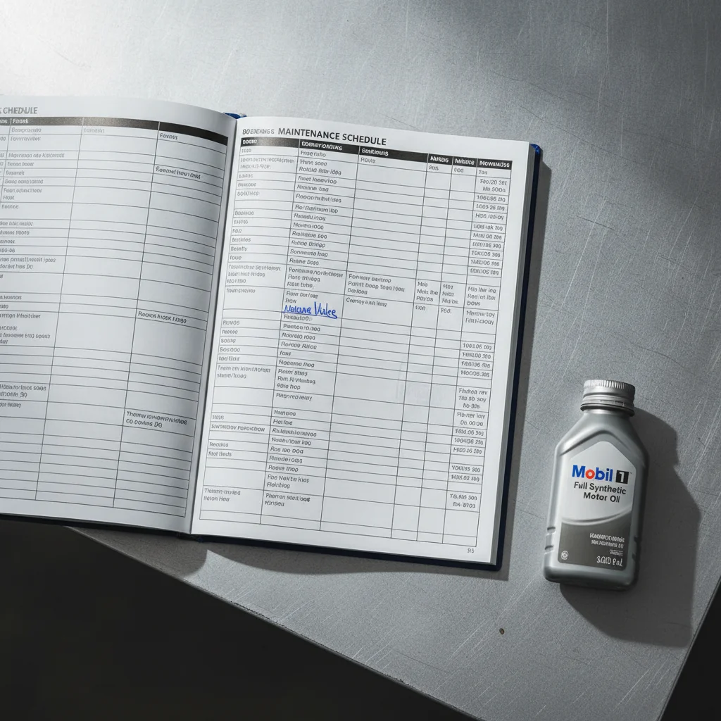 Open car owner's manual showing maintenance schedule alongside a bottle of synthetic motor oil