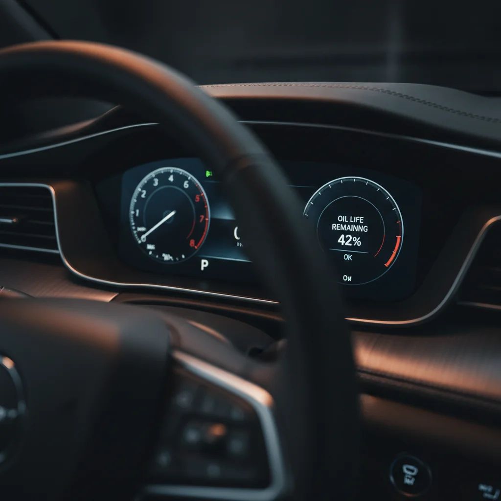 Car dashboard display showing oil life monitoring system at 42 percent remaining