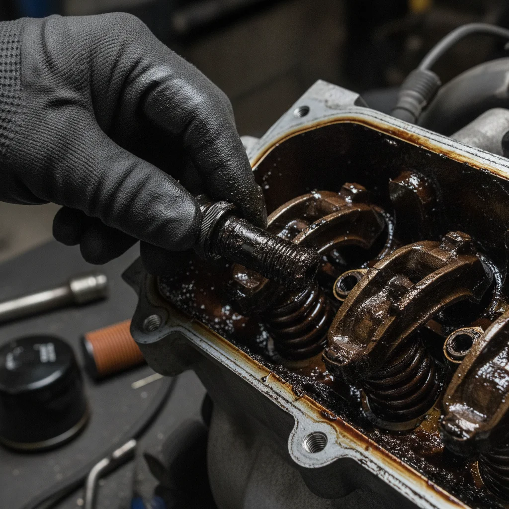 Mechanic holding oil drain plug beside visible dark sludge buildup inside an engine valve cover