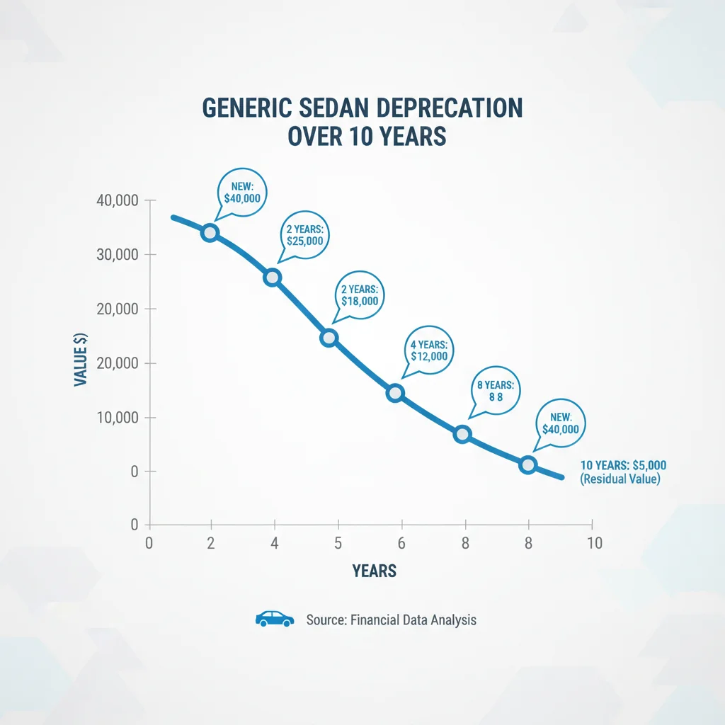 Line graph showing vehicle depreciation curve declining steeply in early years and flattening over time