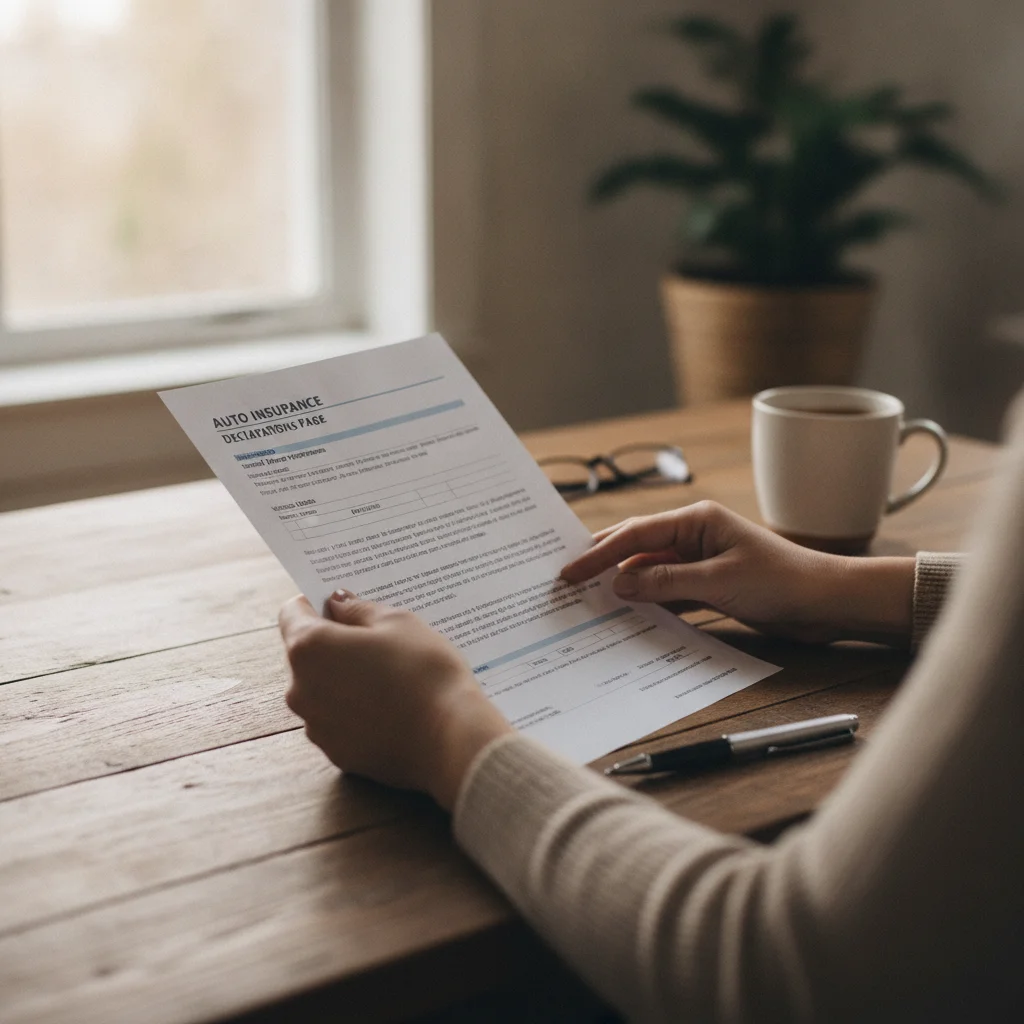Hands reviewing an auto insurance declarations page at a kitchen table with a pen nearby