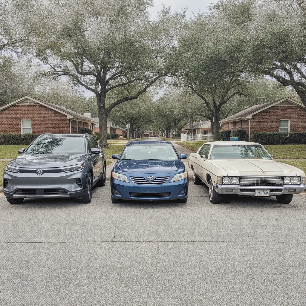 Three cars of varying ages parked side by side representing new, mid-age, and older vehicles