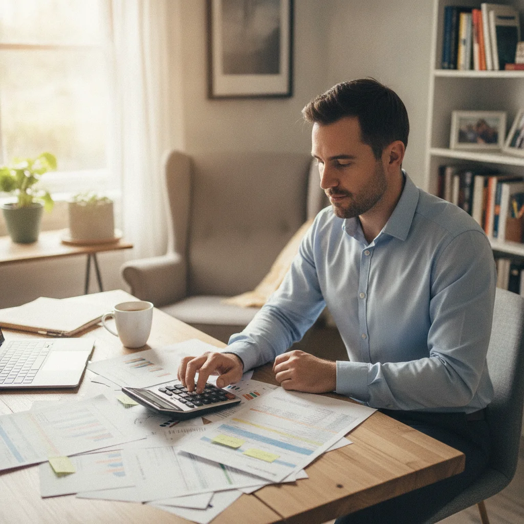 Person reviewing insurance paperwork and calculating figures with a calculator at a home desk