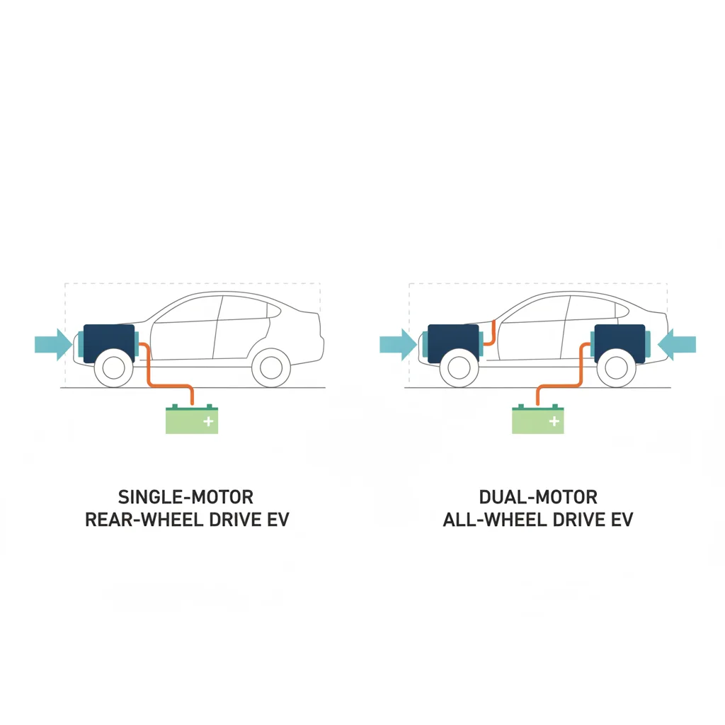 Side-by-side diagram comparing single-motor rear-drive EV layout with dual-motor all-wheel drive layout