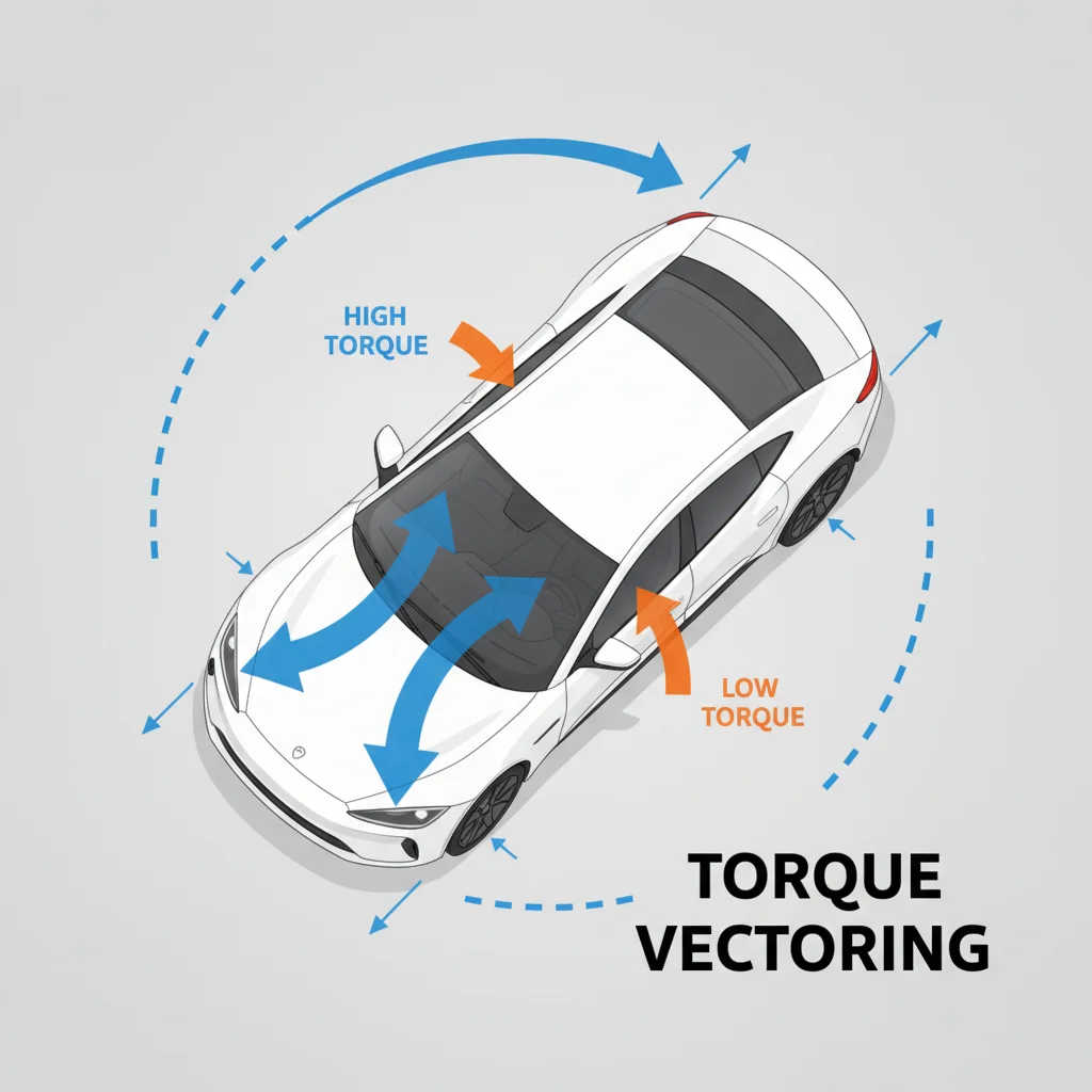 Overhead diagram showing torque vectoring in an EV during cornering with arrows indicating power distribution