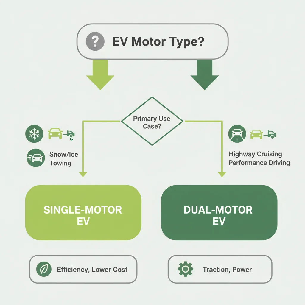 Infographic flowchart helping EV buyers decide between single-motor and dual-motor drivetrain options