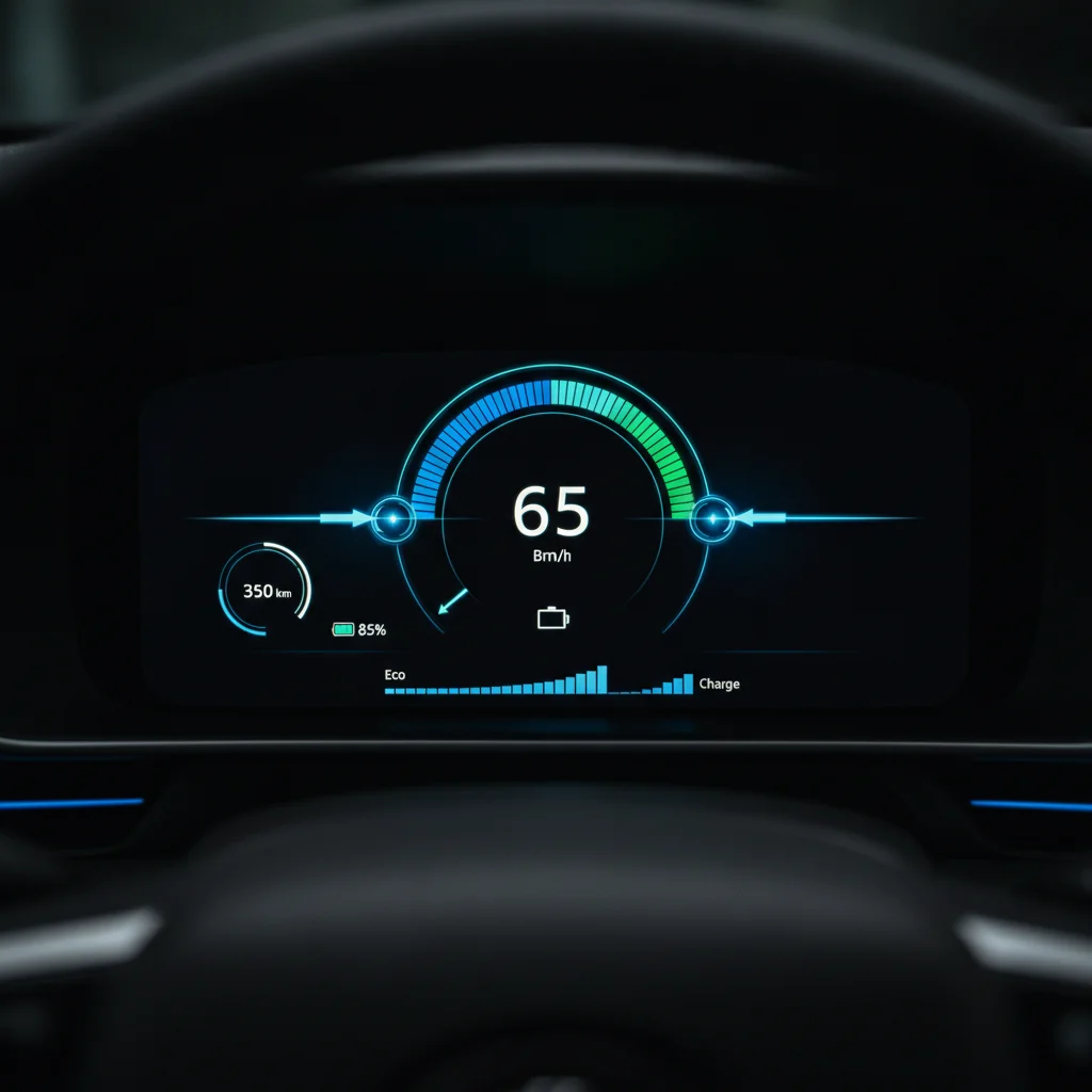 Electric vehicle dashboard displaying regenerative braking energy recovery meter and power flow indicator