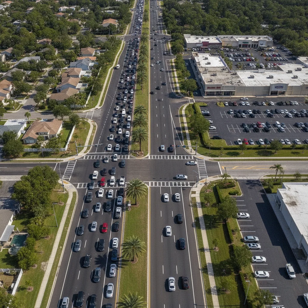 Aerial view of suburban road with cars queued at a traffic signal during typical stop-and-go traffic