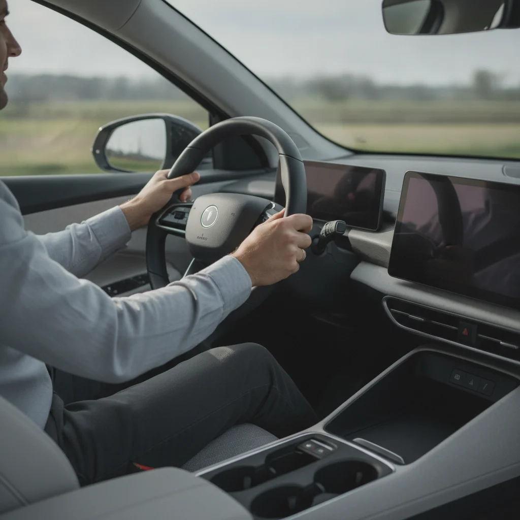 Driver's hands on the steering wheel of a modern electric vehicle with clean minimalist interior