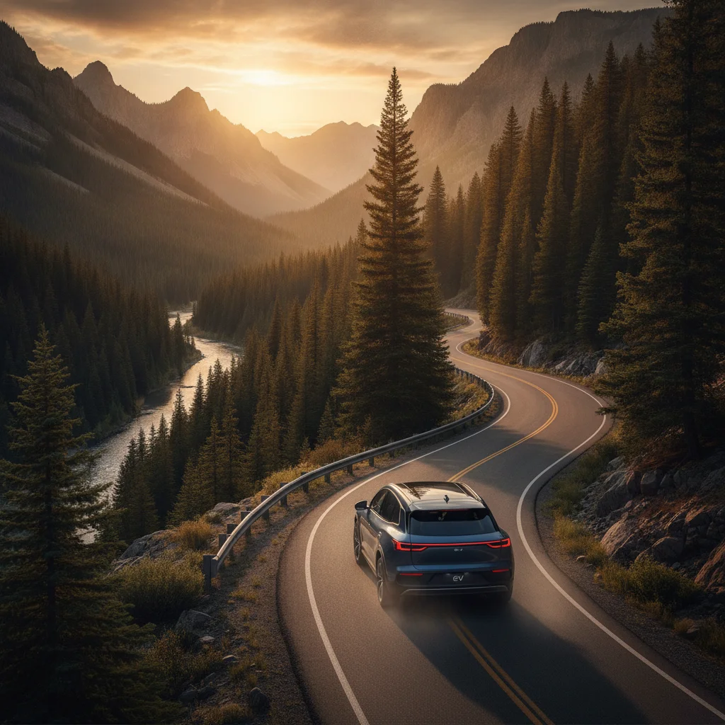 Electric vehicle descending a winding mountain road surrounded by pine forest in golden hour light