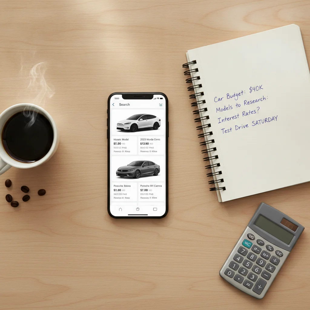 Smartphone showing a car listing app next to a notebook and calculator on a desk